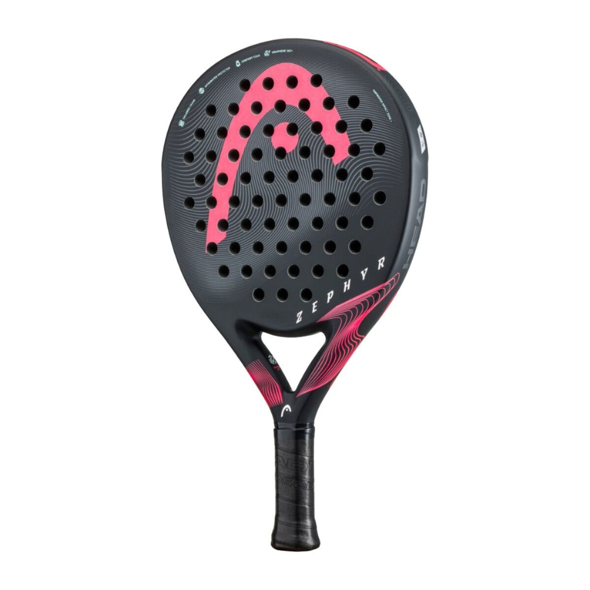HEAD Zephyr padel racket in black and pink with round head shape