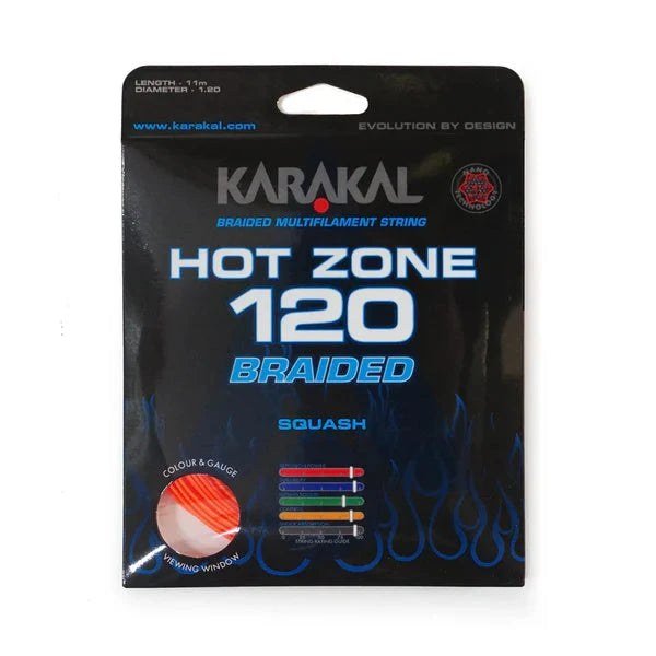 Karakal Hot Zone Braided 120 squash string set in retail packaging