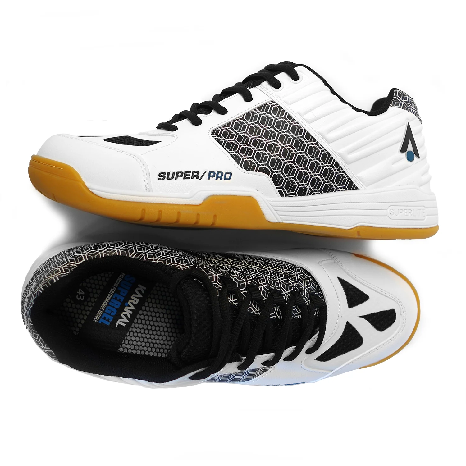 Karakal SuperPro indoor court shoe with asymmetric lacing and a high-strength 3D heel cup