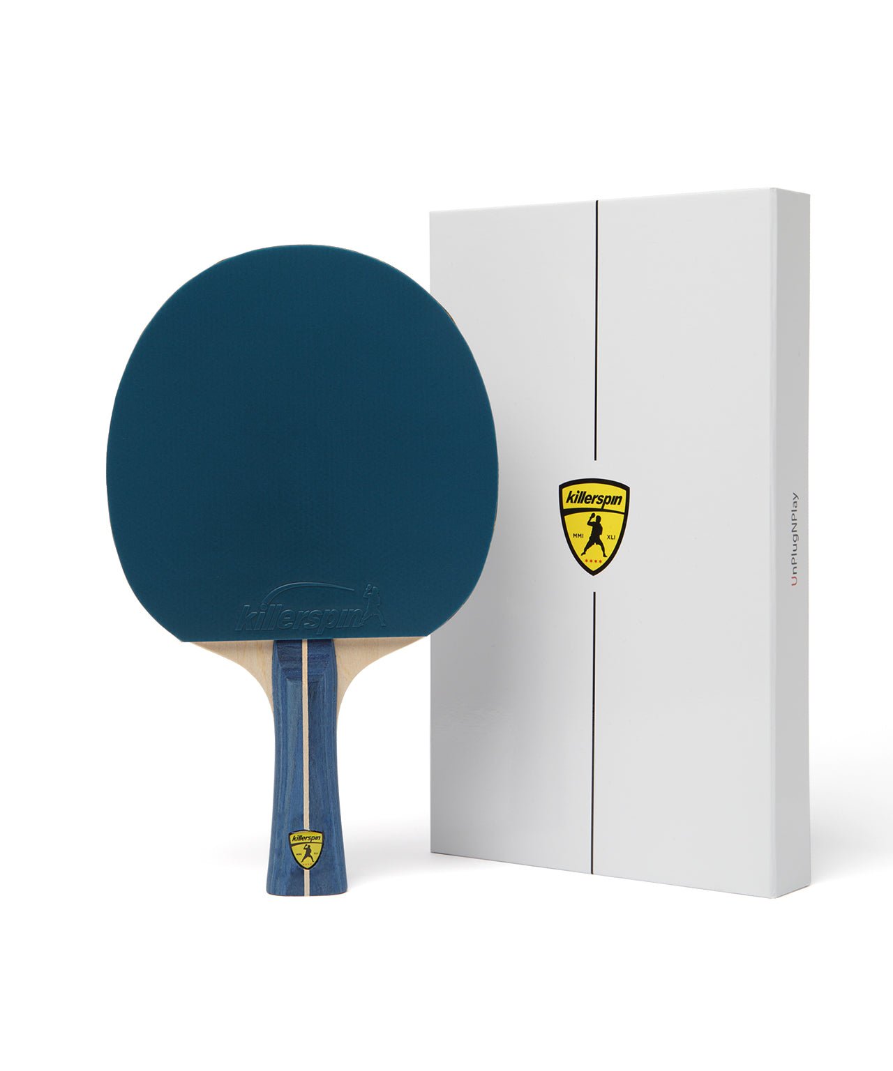 Killerspin JET200 table tennis paddle in blue and black — 5-ply plywood blade with flared handle