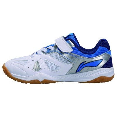 Li-Ning Junior APTU010-1 kids table tennis shoe in white and blue with a Velcro strap