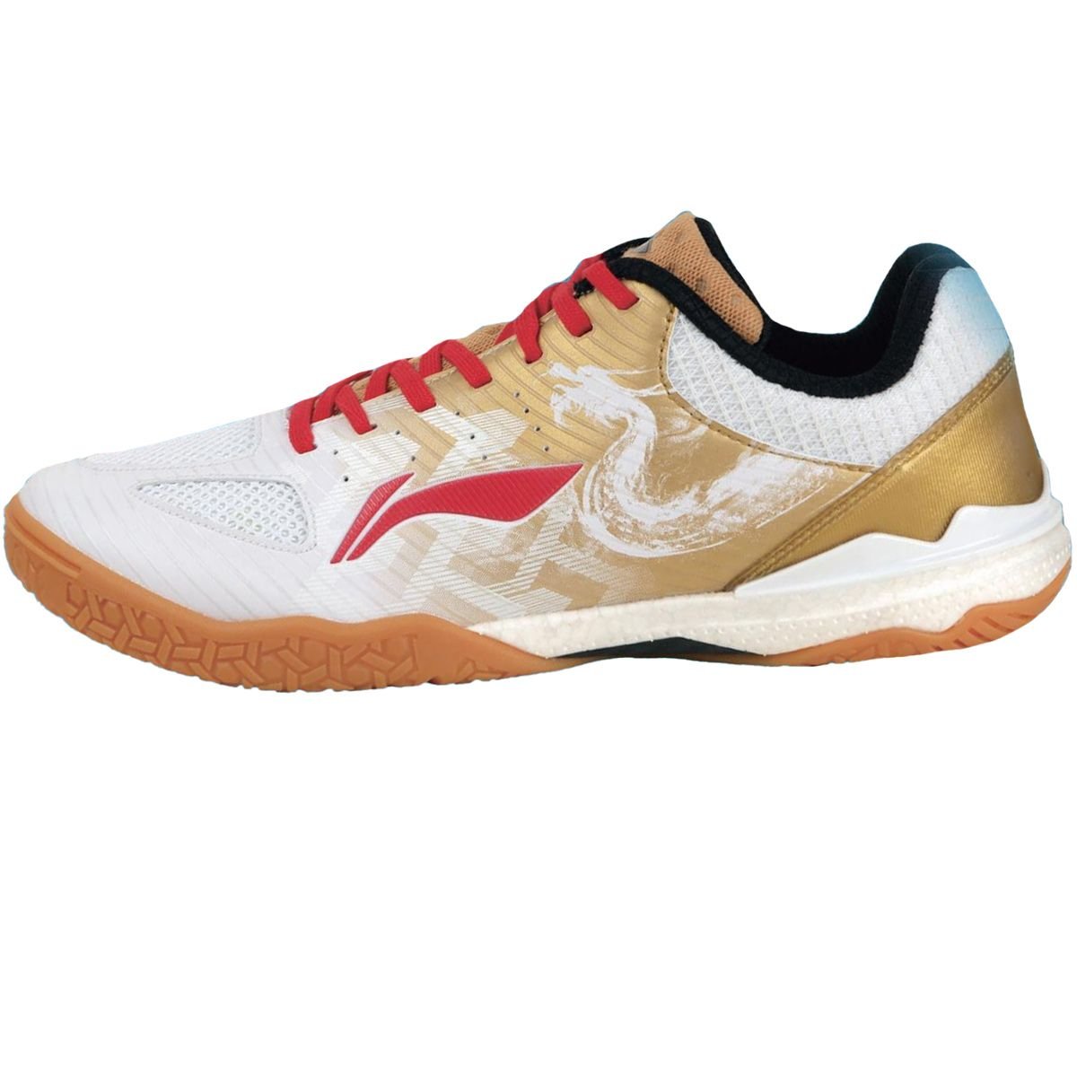 Li-Ning Ma Long national team table tennis shoe in white and gold with red laces and dragon detailing