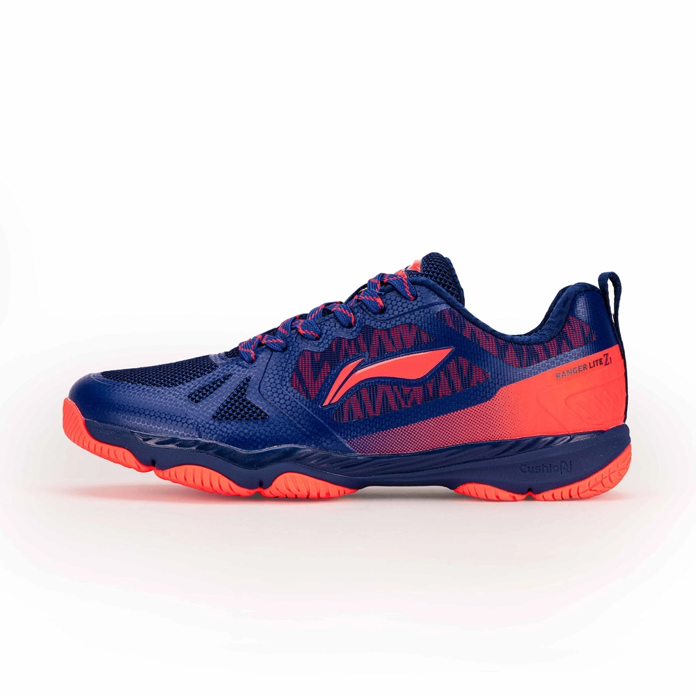 Li-Ning Ranger Lite Z1 badminton shoe in navy and orange — lightweight cushioned court shoe