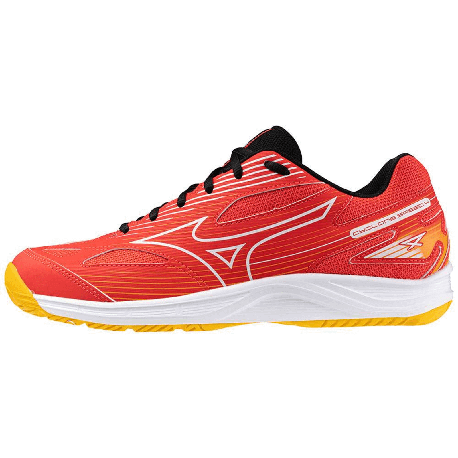 Mizuno Cyclone Speed 4 unisex indoor court shoe in radiant red and white