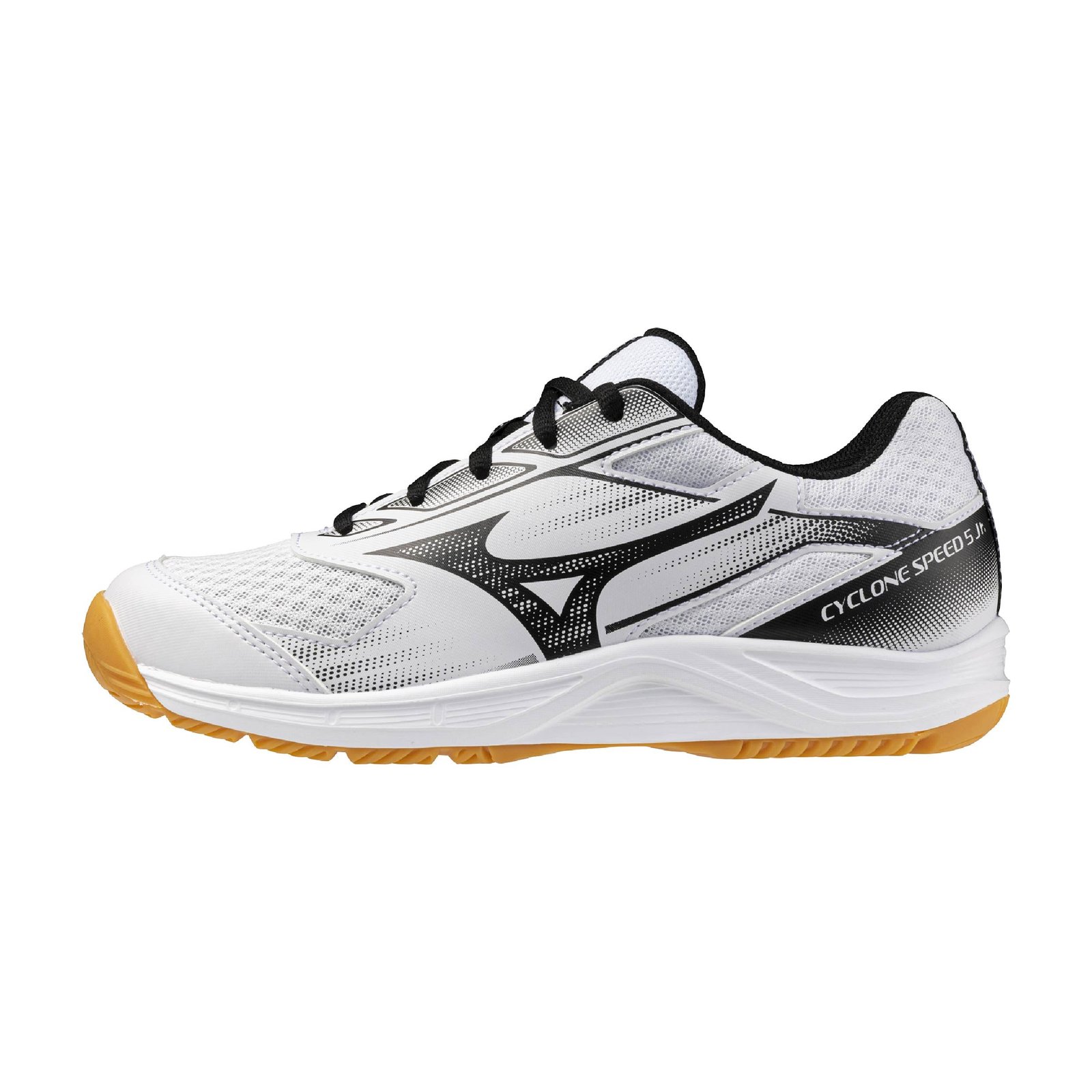 Mizuno Cyclone Speed 5 Junior indoor court shoe in white and black