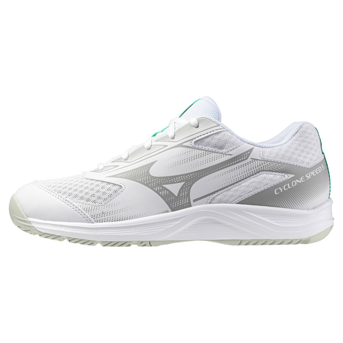 Mizuno Cyclone Speed 5 indoor court shoe in white, black and red