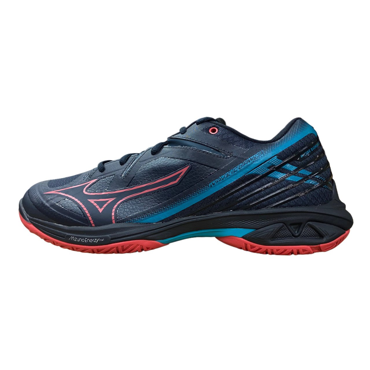 Mizuno Wave Claw 3 badminton shoe in black and red — wide 3E fitting court shoe