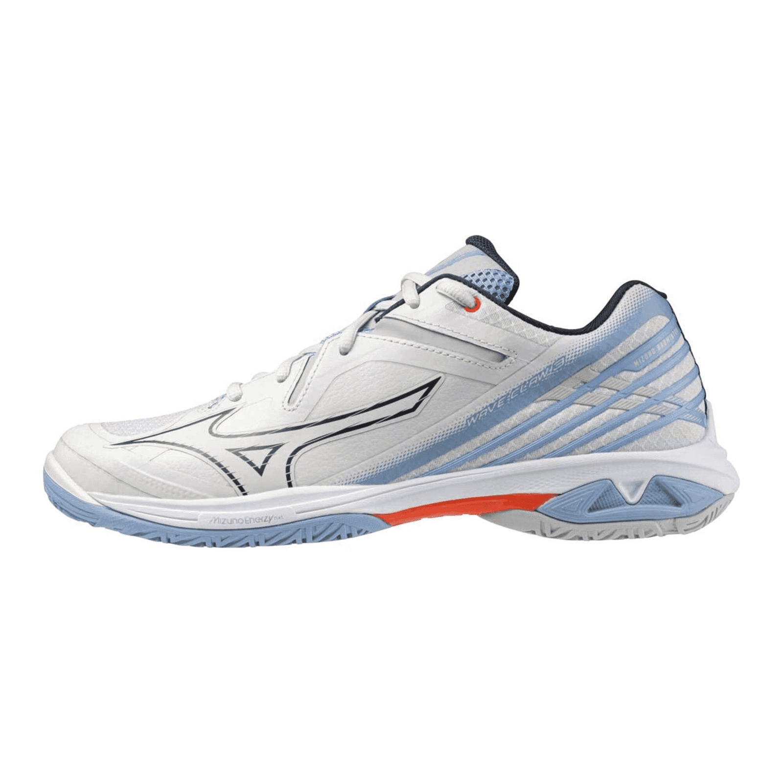 Mizuno Wave Claw 3 indoor court shoe in white with blue Mizuno detailing