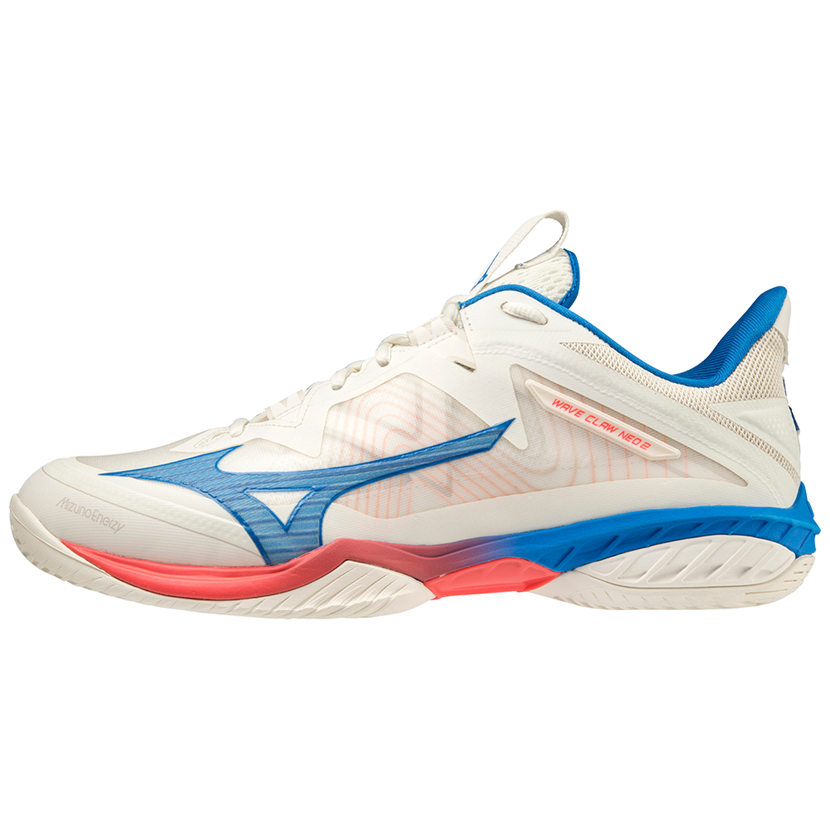 Mizuno Wave Claw Neo 2 advanced indoor court shoe in white and navy with its bootie-style upper