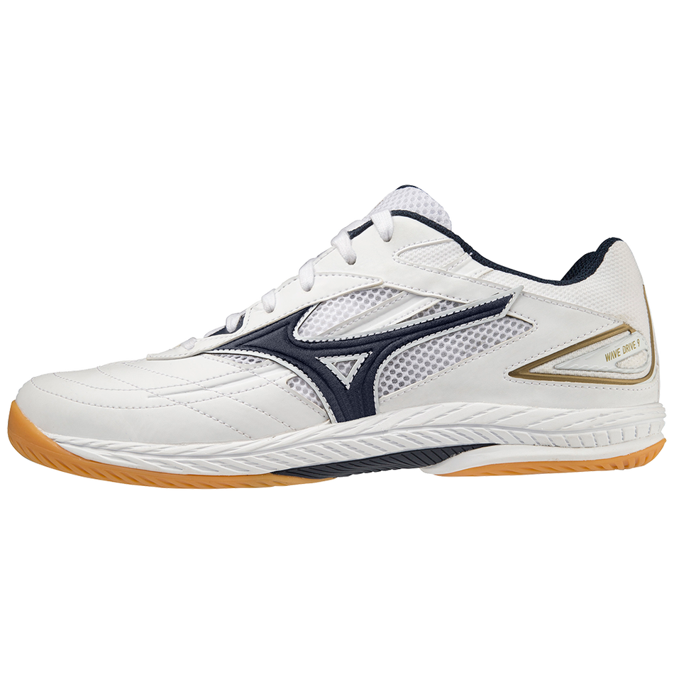 Mizuno Wave Drive 9 table tennis shoe in blue and white with gum rubber outsole