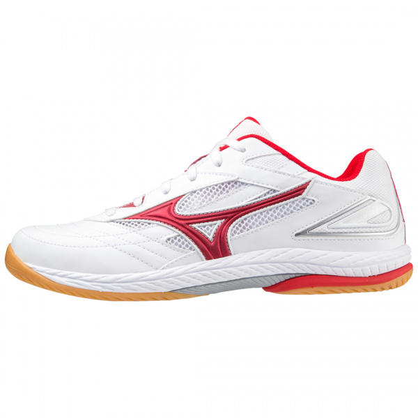 Mizuno Wave Drive 9 table tennis shoe in white and red with a low-profile gum sole
