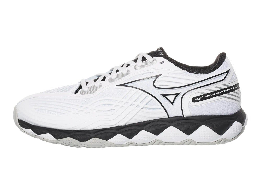 Mizuno Wave Enforce Tour 2 tennis shoe in white and black with Wave plate and DuRubber outsole