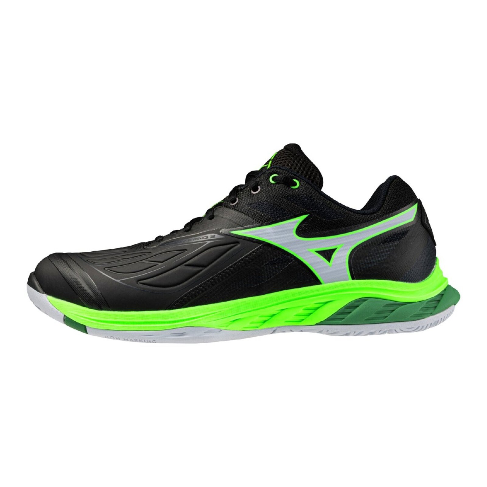 Mizuno Wave Fang 2 badminton shoe with the flat Foam Wave stability platform and outrigger