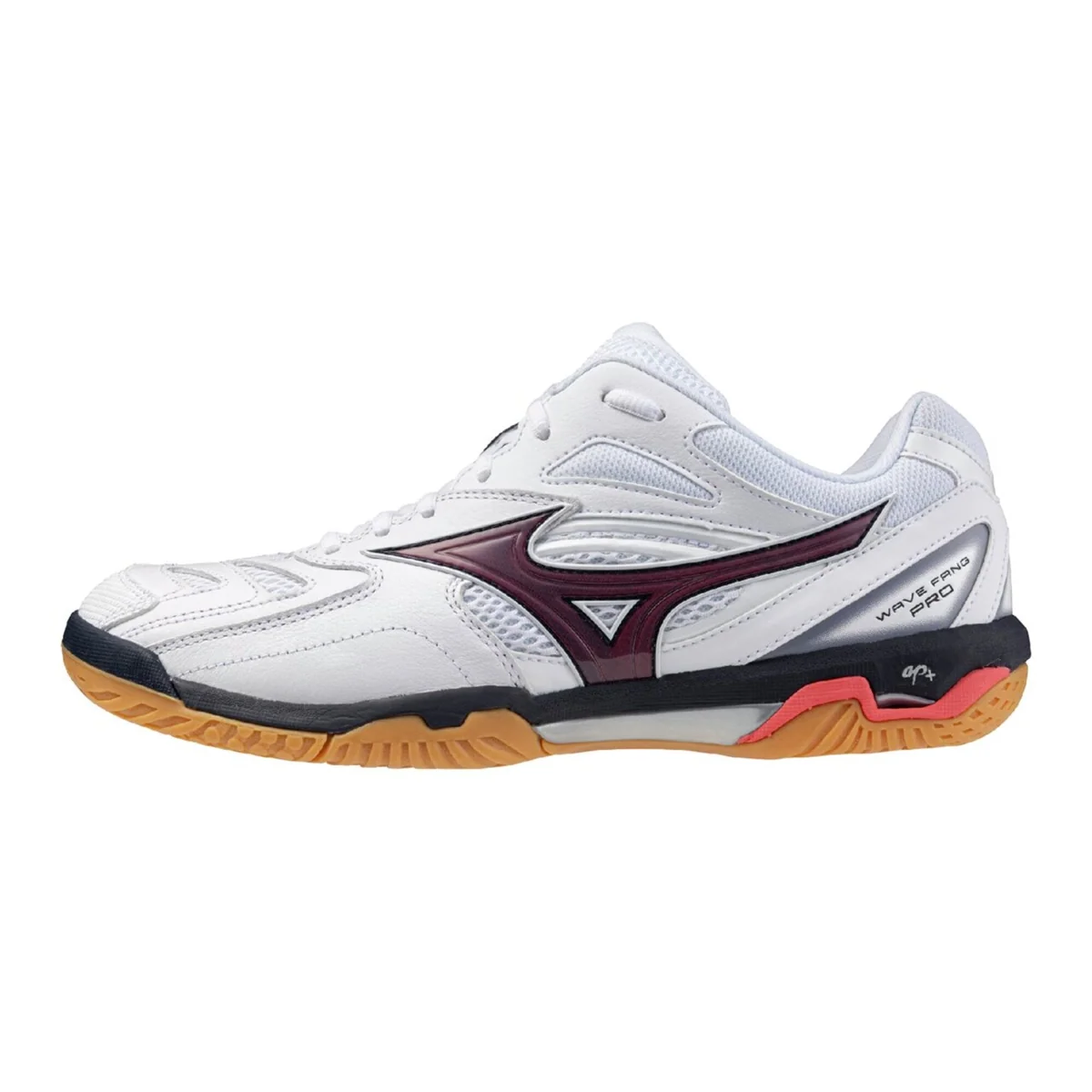 Mizuno Wave Fang Pro badminton shoe in white with blue and coral accents