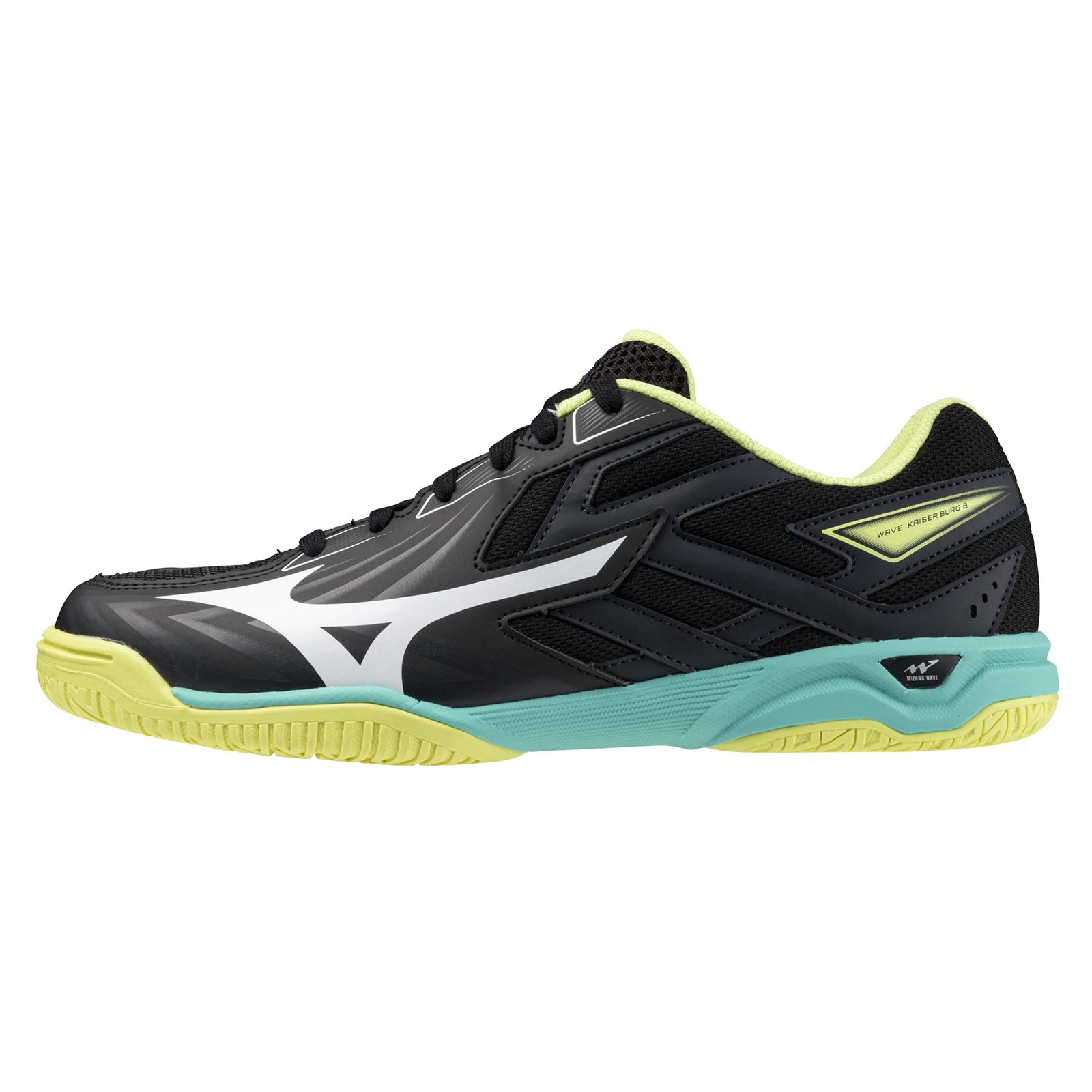 Mizuno Wave Kaiserburg 8 wide-fit table tennis shoe in black with lime and teal sole unit