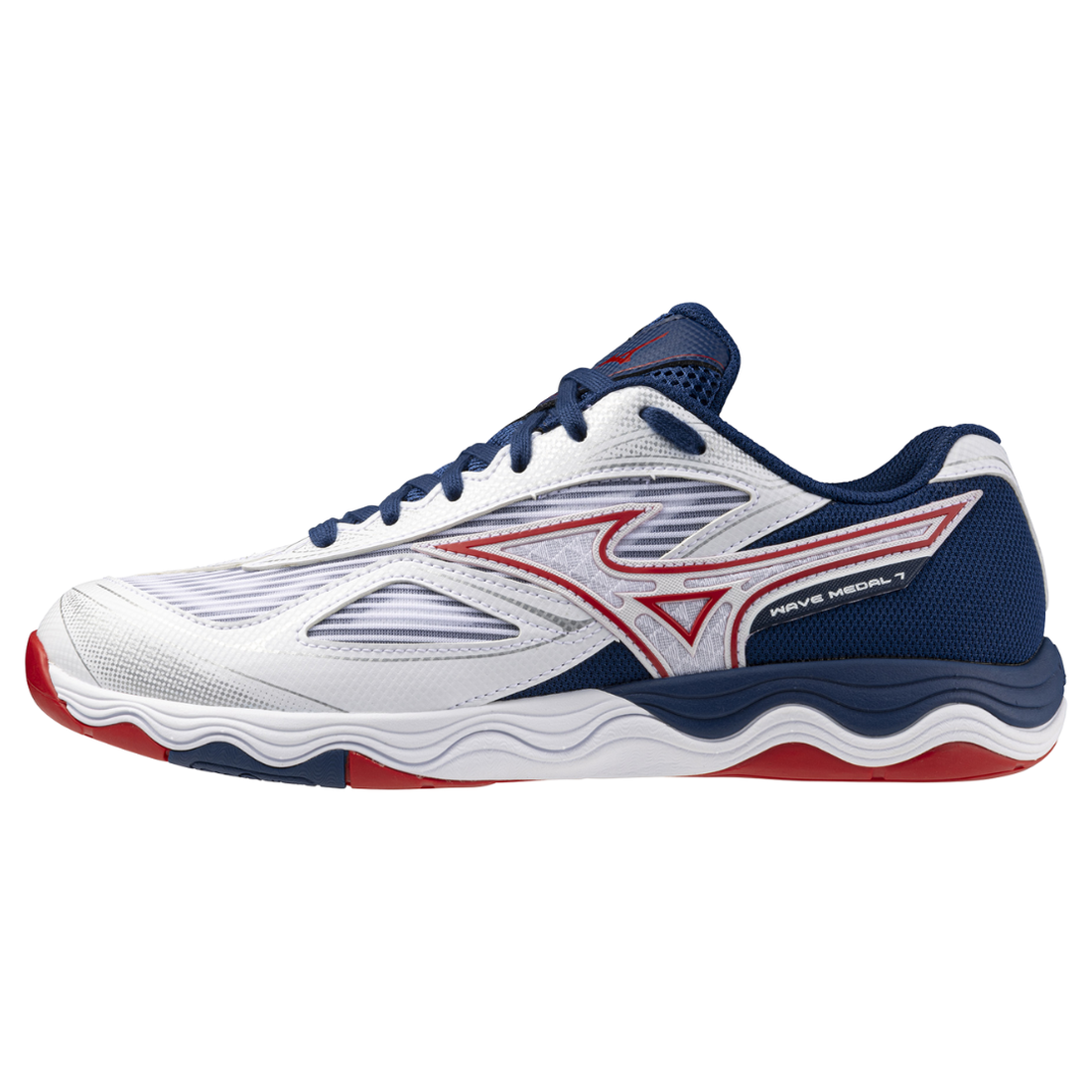 Mizuno Wave Medal 7 table tennis shoe in white, salsa and graystone with see-through reinforced upper