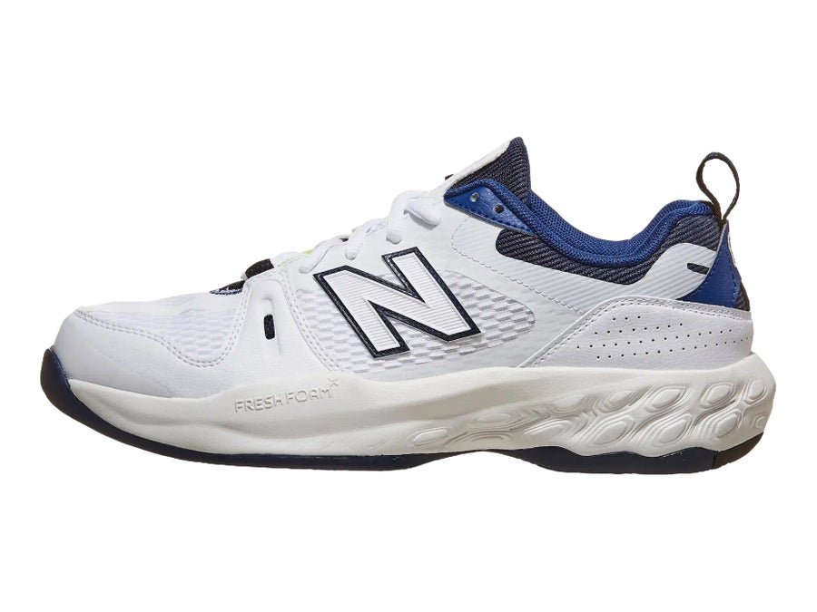 New Balance Fresh Foam X 1007 tennis shoe in white and navy, wide version with plush heel collar