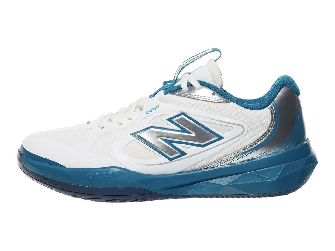New Balance FuelCell 796v5 court shoe in white and North Sea blue, wide 2E version
