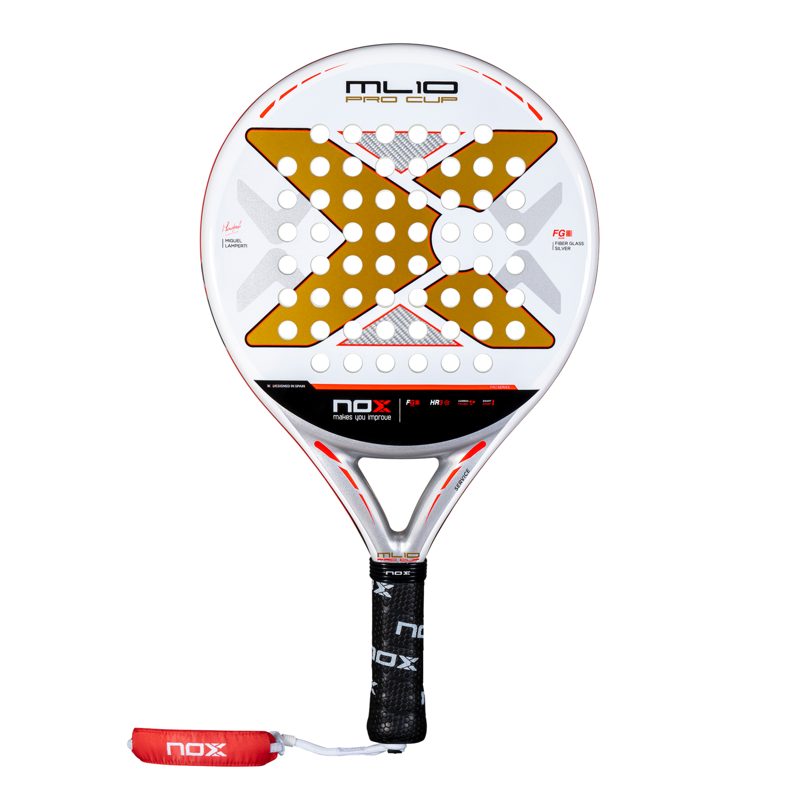 Nox ML10 Pro Cup padel racket in white and gold with round shape