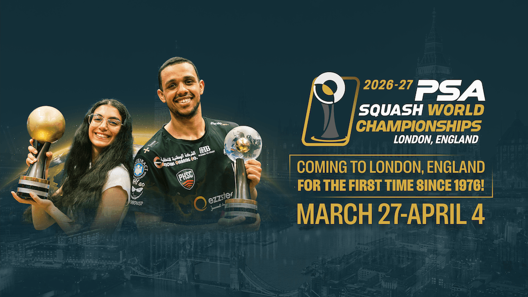 Official PSA graphic for the 2026-27 PSA World Championships in London showing champions Amina Orfi and Mostafa Asal with their trophies, the London skyline, and the dates 27 March to 4 April