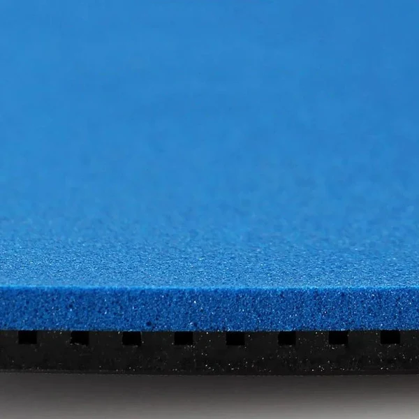 Close-up cross-section of a table tennis rubber showing the sponge layer above the pimples-in topsheet