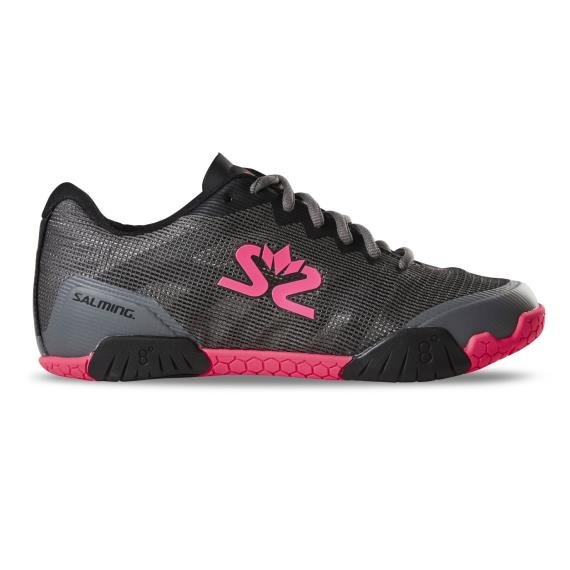 Salming Hawk women's squash shoe in gunmetal and pink with HexaGrip outsole