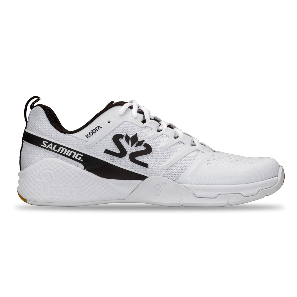 Salming Kobra 3 squash shoe in white and black with HexaGrip outsole