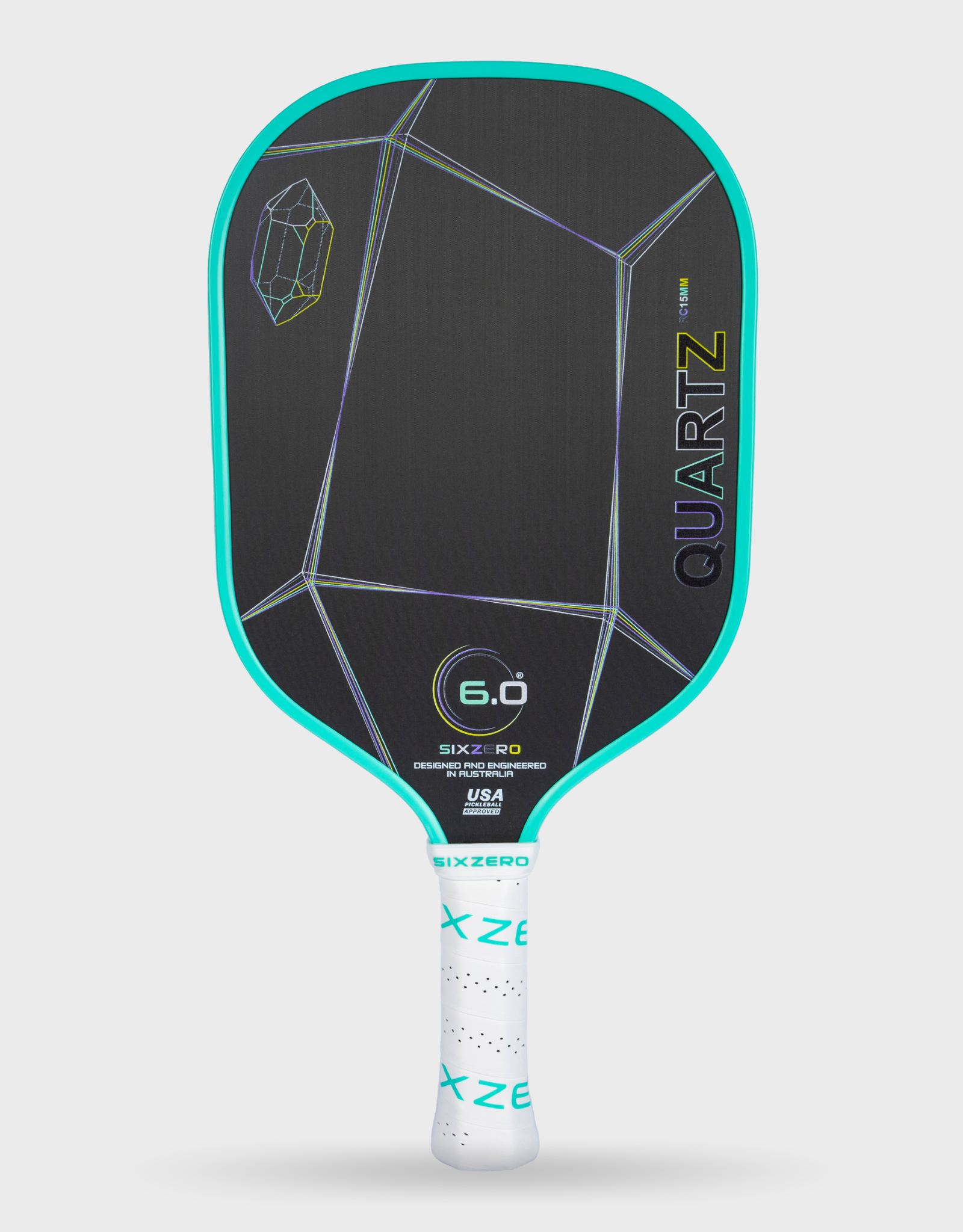 Six Zero Quartz 15mm pickleball paddle in amethyst with raw carbon widebody face