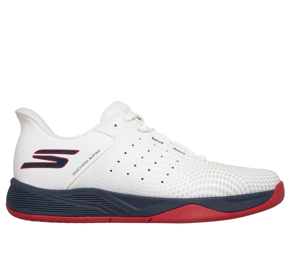 Skechers Viper Court Reload slip-in pickleball shoe in white and navy with Heel Pillow collar