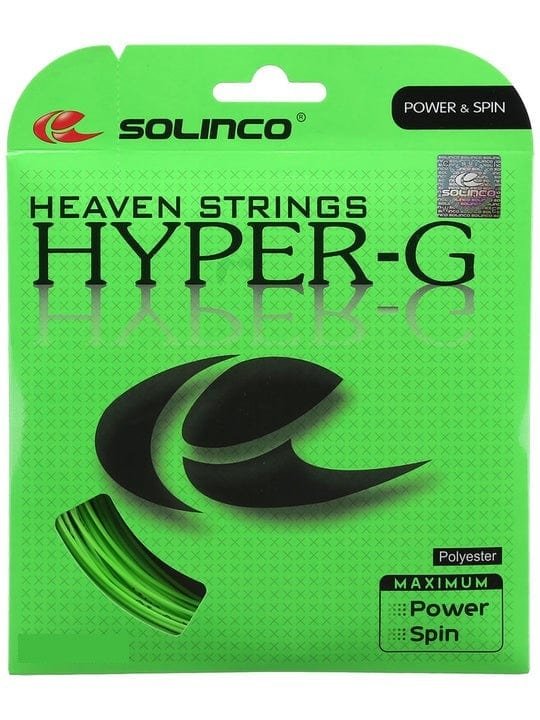 Solinco Hyper-G tennis string set in green packaging
