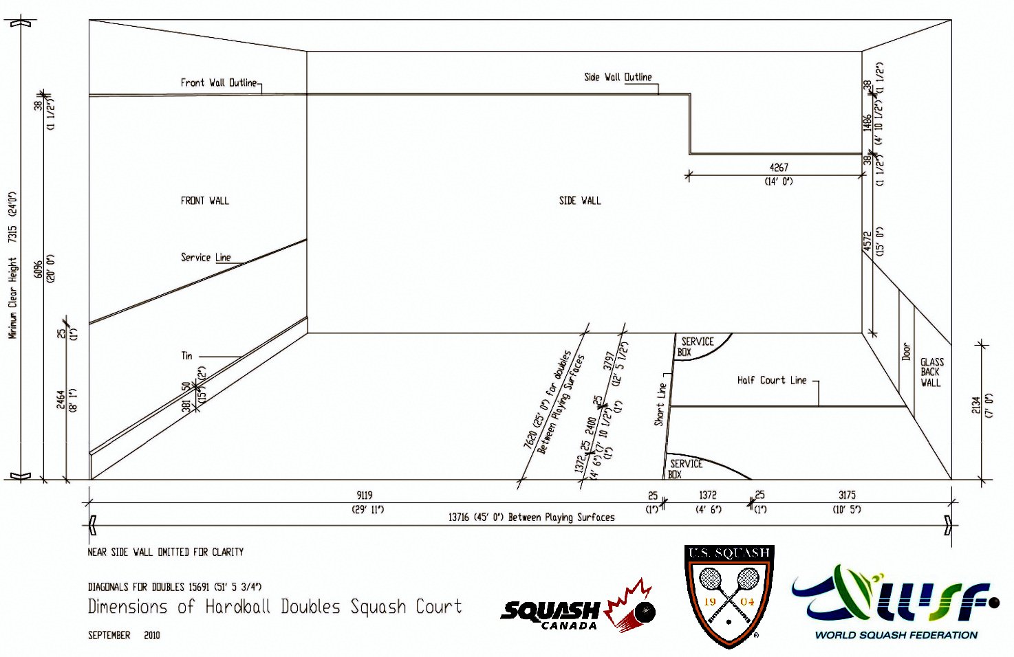 Official dimension diagram of a North American hardball doubles squash court, 45 feet long by 25 feet wide, showing the service boxes, short line and tell-tale