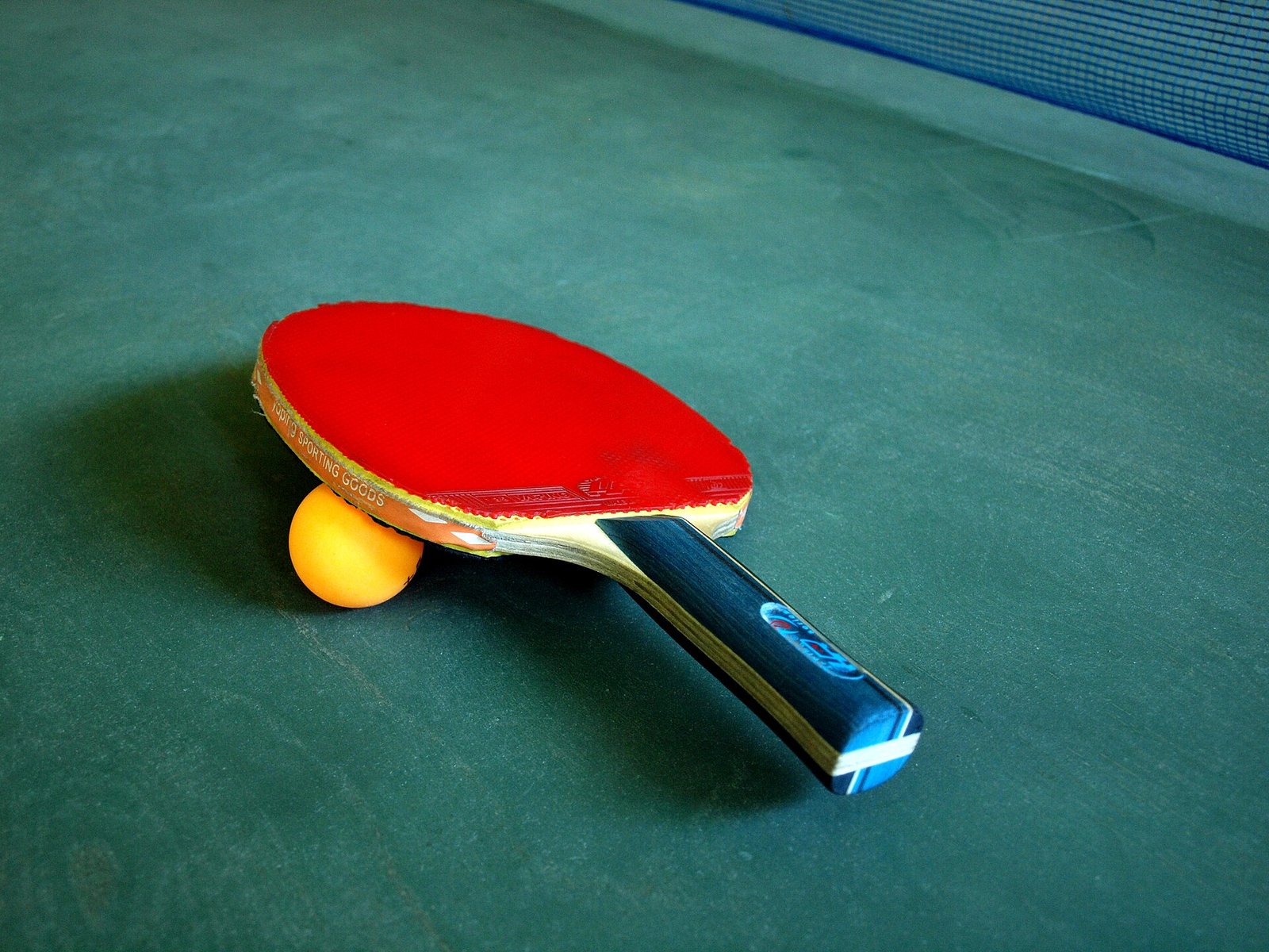 Close-up of a modern table tennis bat with red and black rubber lying beside a white 40 mm ball