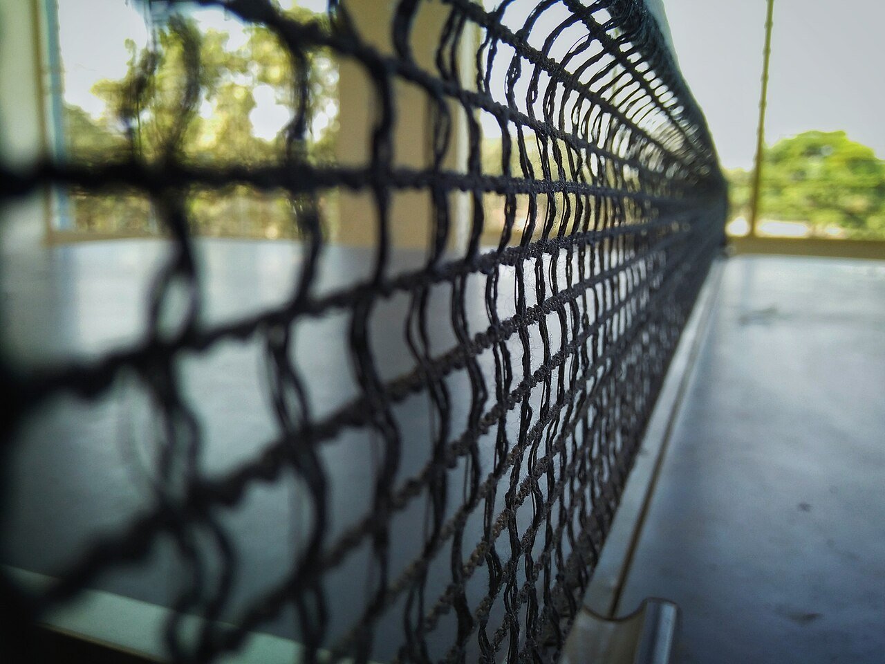 Close-up along a table tennis net showing the mesh, the white top cord and the playing surface either side