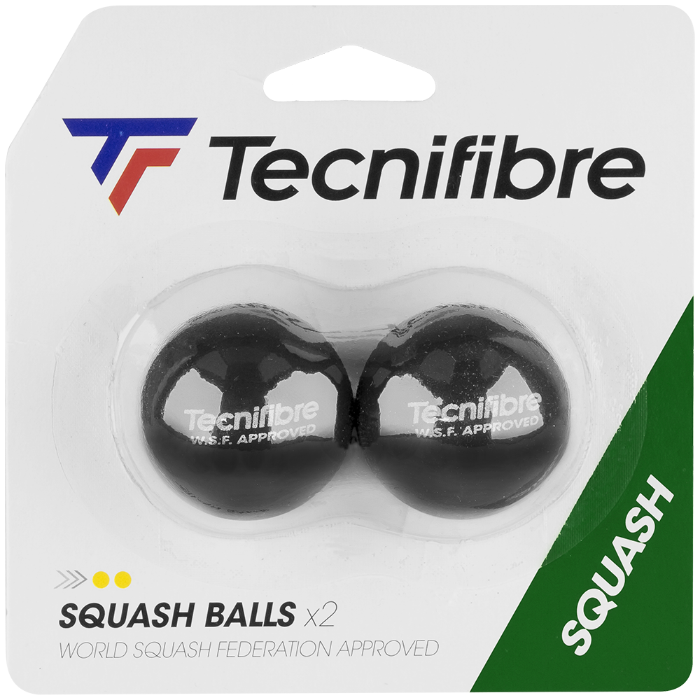Tecnifibre squash balls — two-pack blister of the WSF-approved double yellow dot ball