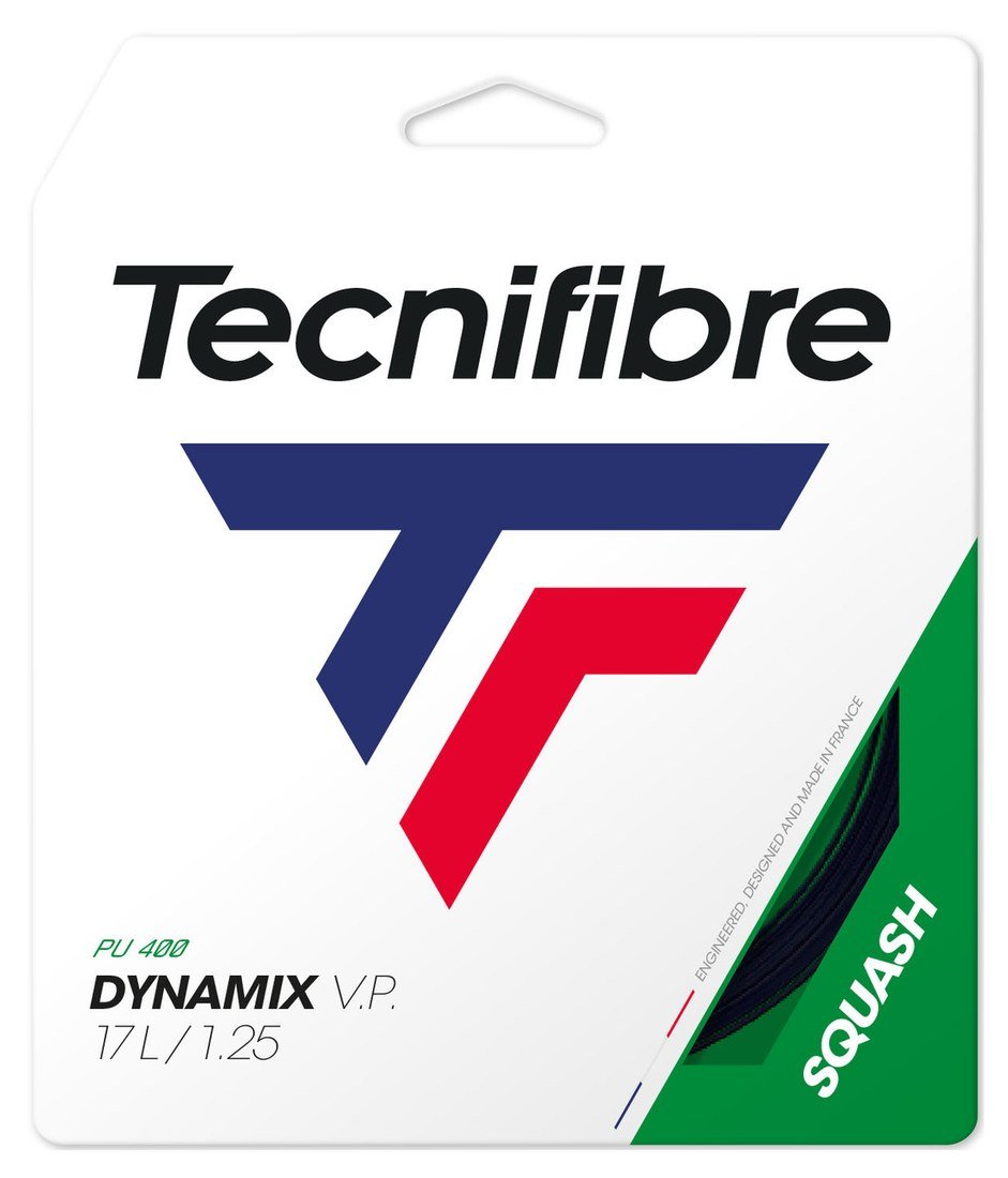 Tecnifibre Dynamix VP black squash string set in retail packaging