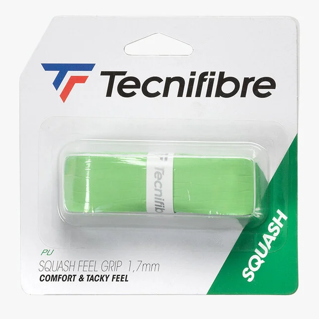 Tecnifibre Squash Feel Grip 1.7mm green replacement grip in retail packaging