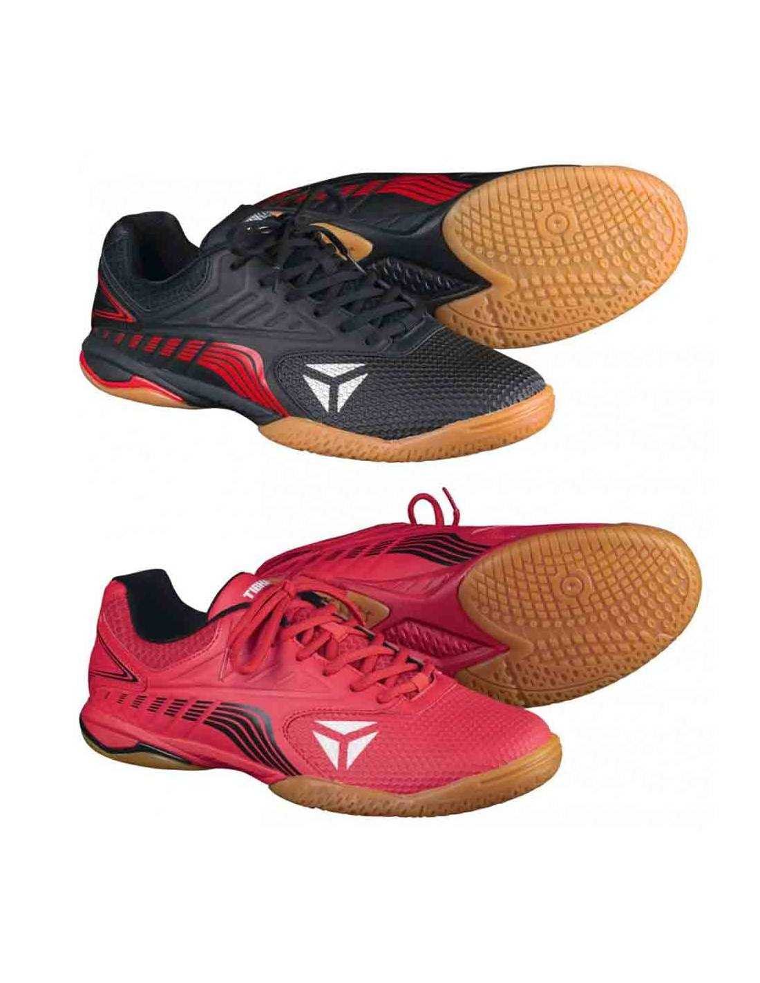 TIBHAR Blizzard Speed II table tennis shoe in black with red X-shaped protectors