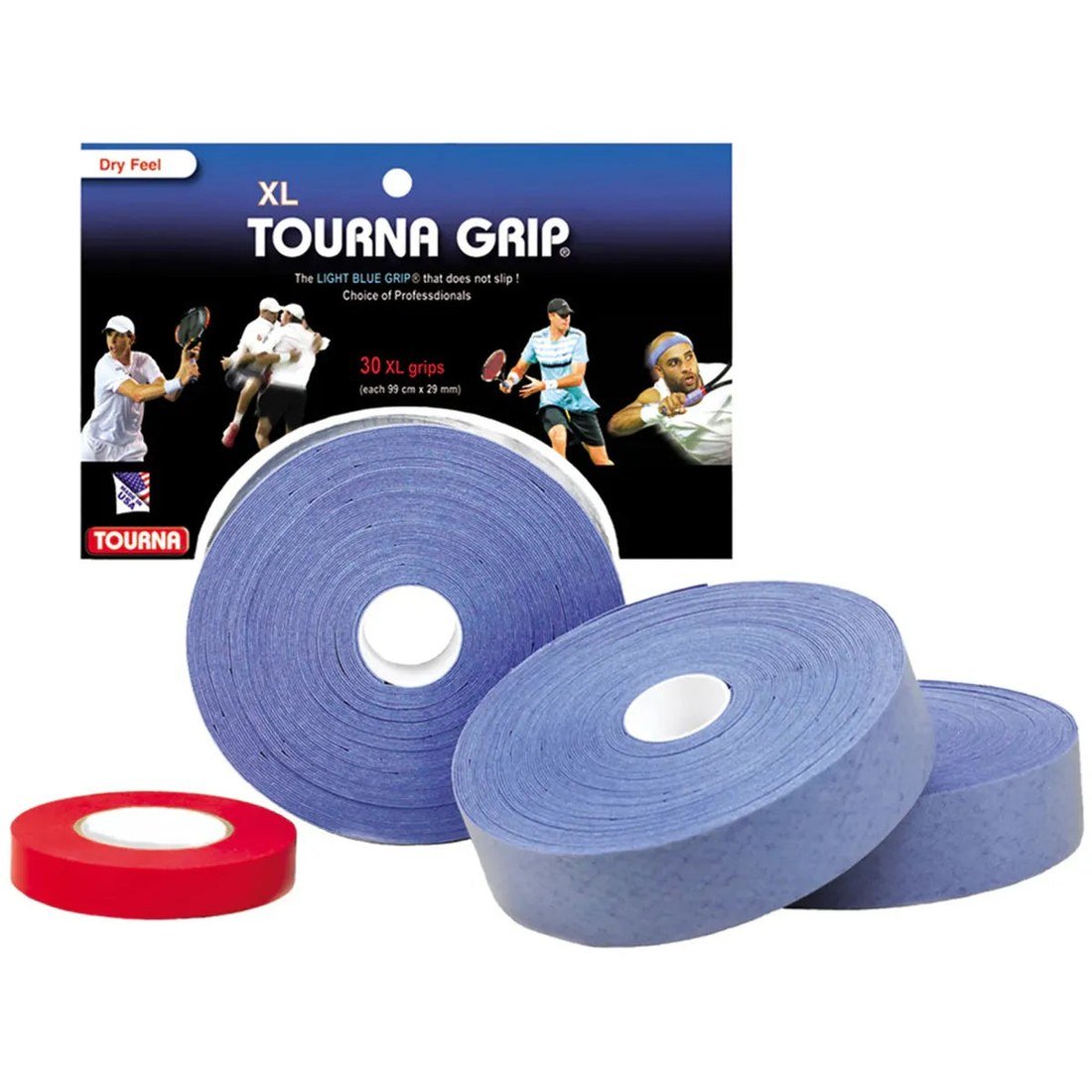 Tourna Grip XL light blue overgrip rolls in a 30-pack with finishing tape
