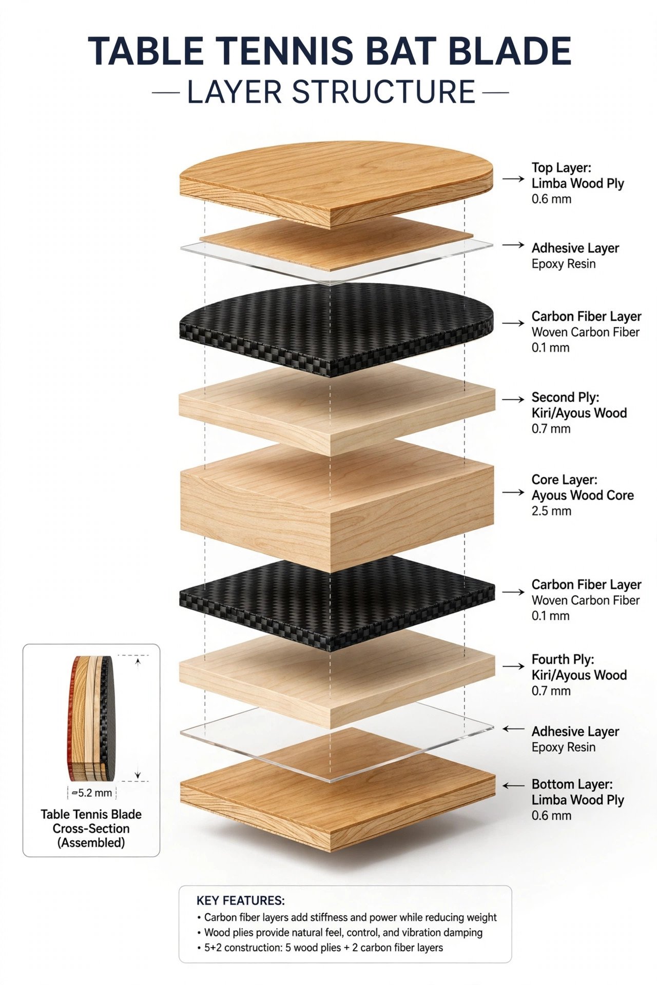 Cross-section showing table tennis blade wood plies and carbon fiber layers