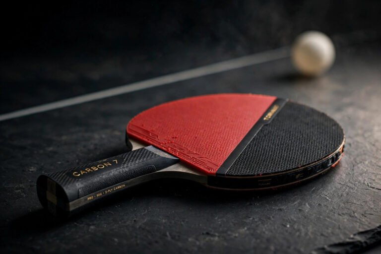 Premium table tennis bat with red and black rubbers on dark table