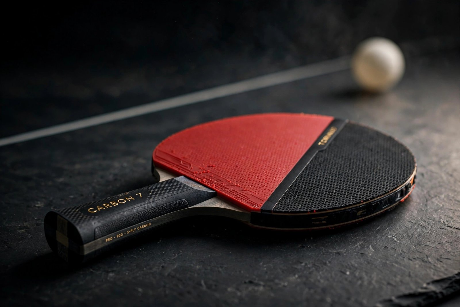 Premium table tennis bat with red and black rubbers on a dark table tennis table