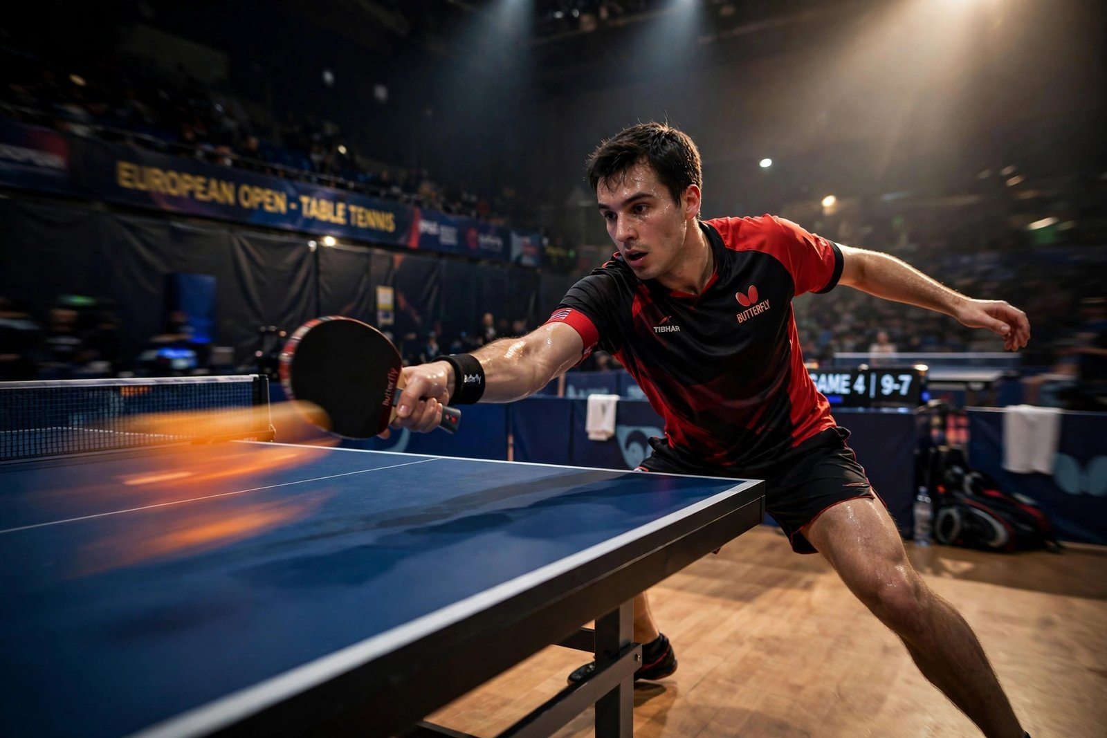Table tennis player practicing forehand loop technique in indoor sports hall