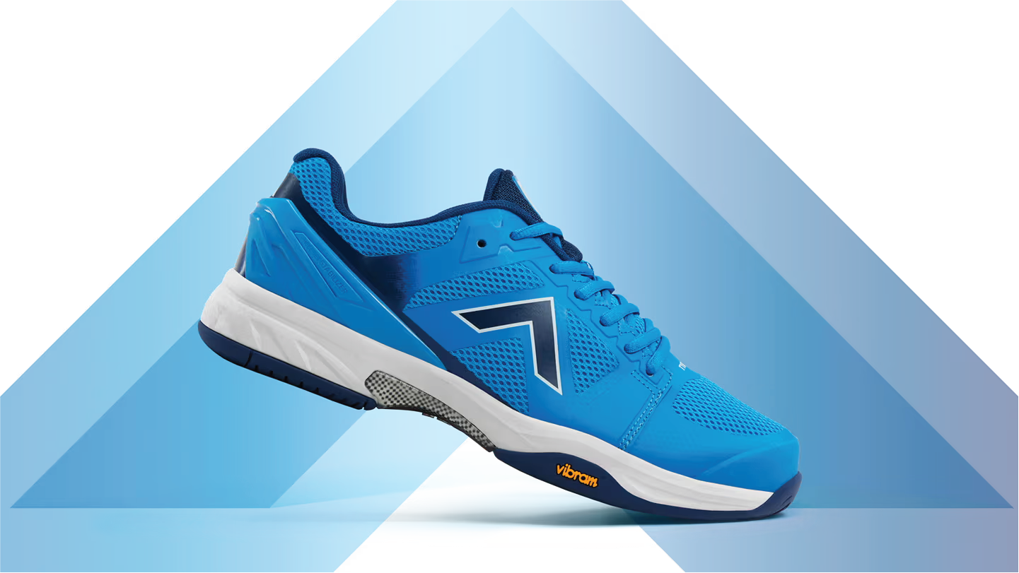 Tyrol Striker Pro V pickleball shoe with a Vibram outsole, Power Clip and exterior heel counter