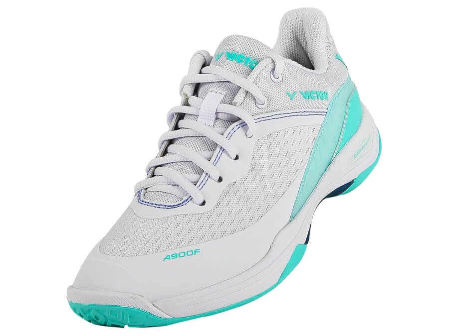 Victor A900F women's badminton shoe in white and green, side view