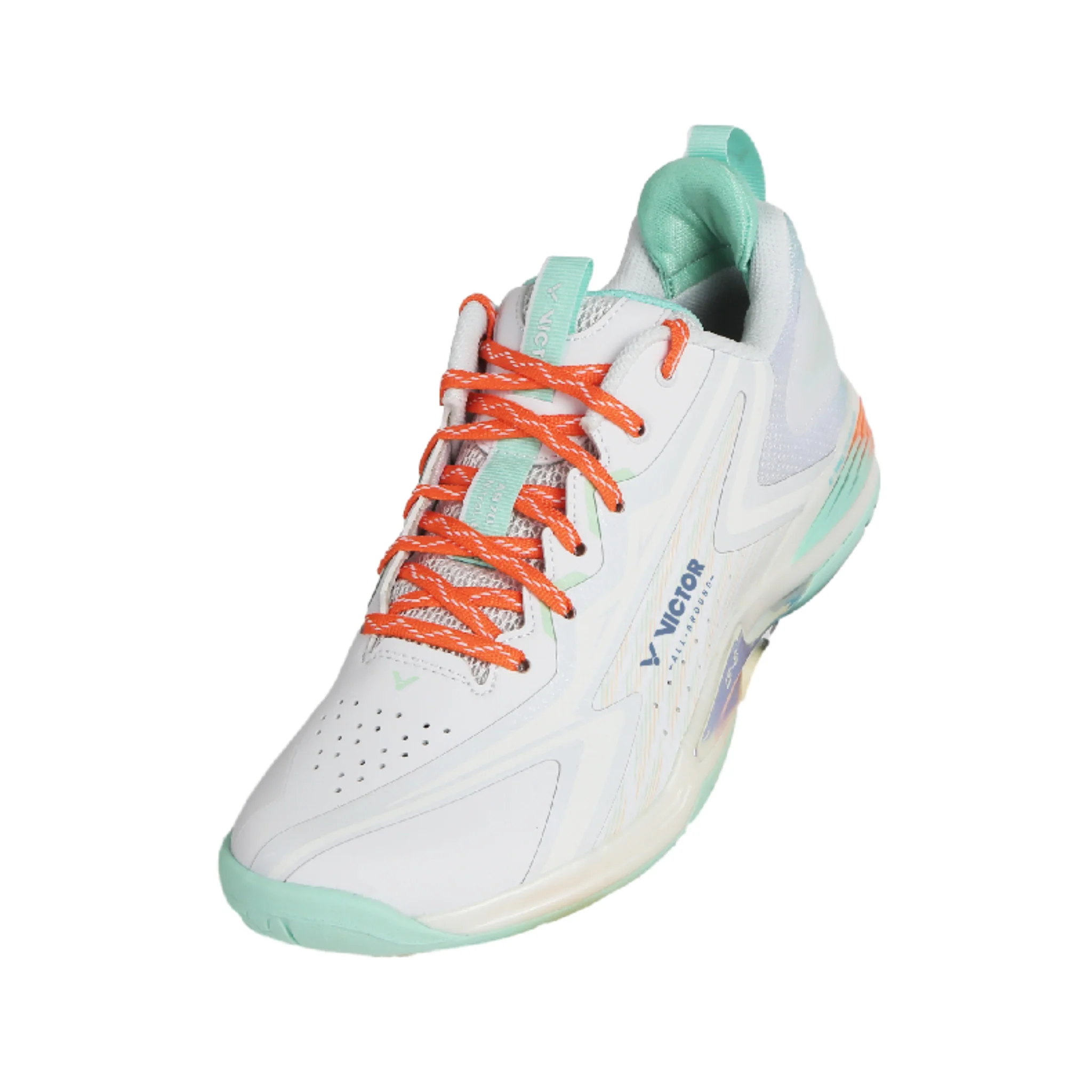 Victor A970 NitroLite badminton shoe in white with mint and orange accents