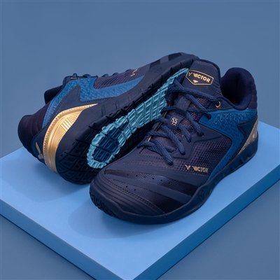 Victor P9200 III badminton shoes in medieval blue and gold — maximum support court shoe