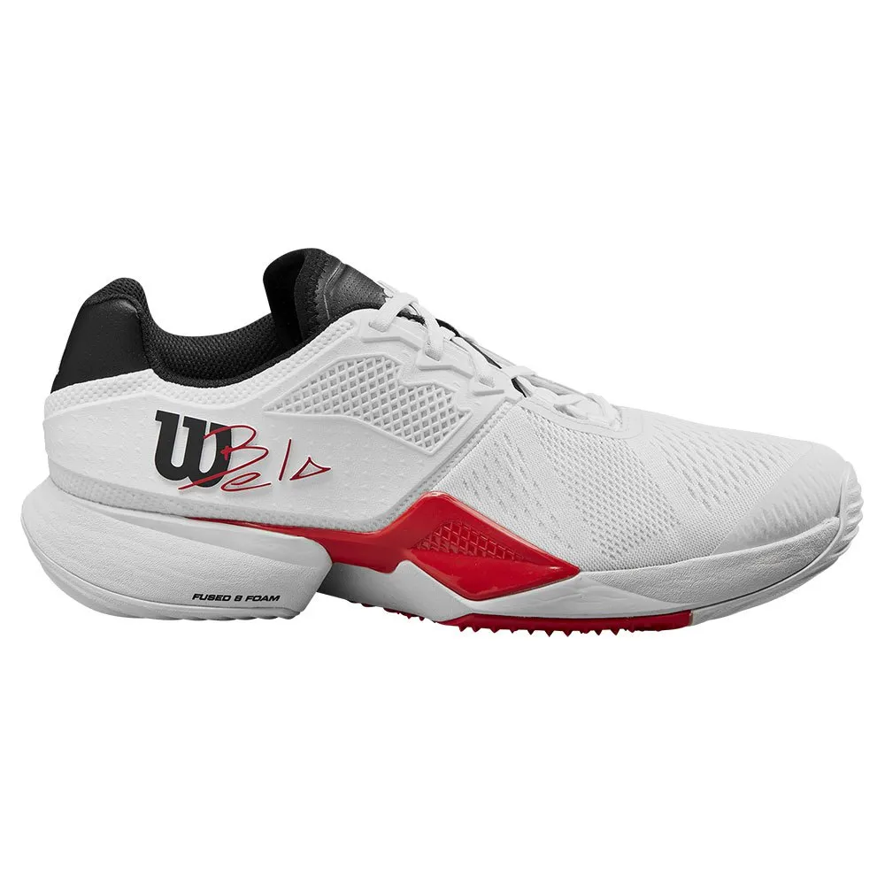 Wilson Bela Tour padel shoe in white and red with Bela signature, side profile