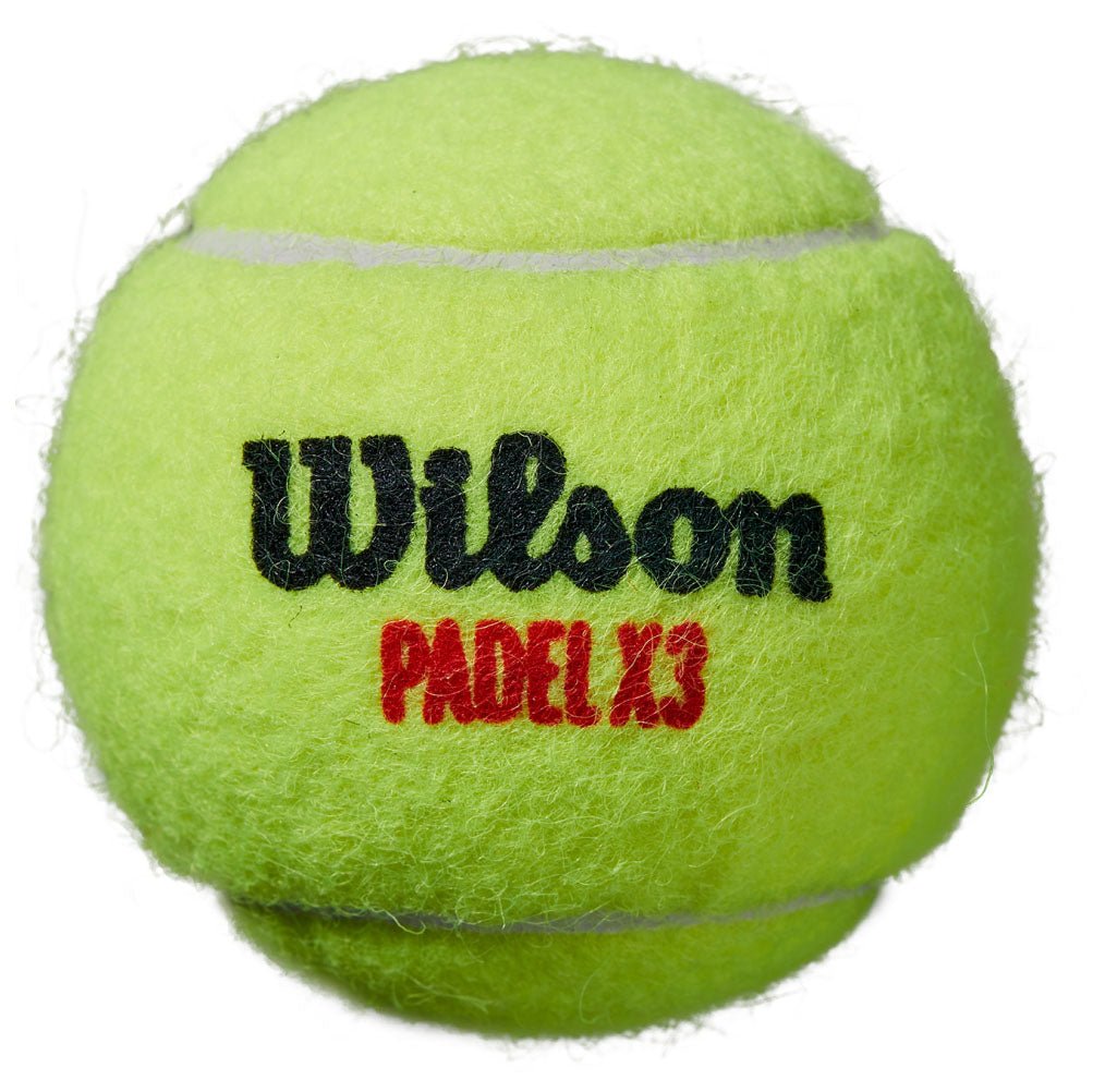Close-up of a Wilson X3 padel ball showing the woven felt surface and seam