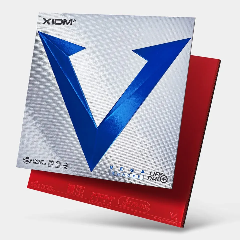 Xiom Vega Europe table tennis rubber packaging with red rubber sheet