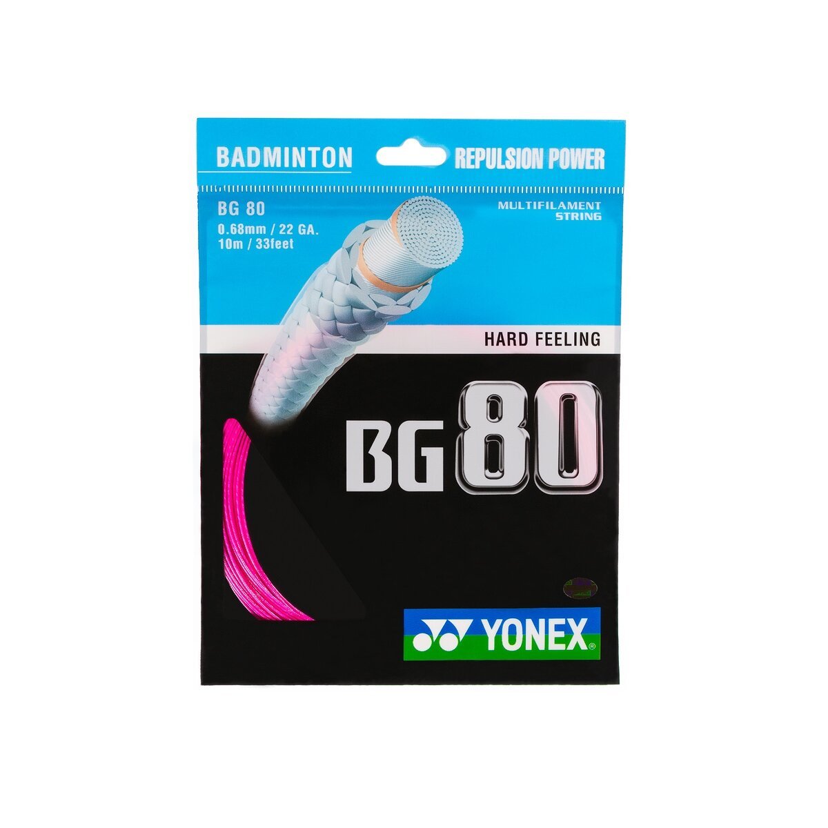 Yonex BG80 badminton string packet in neon pink — 0.68 mm Vectran power string